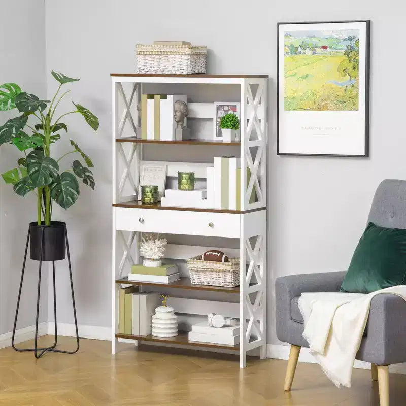 Étagère de Rangement Homcom à 4 Niveaux avec Tiroir Coulissant et Cadre en Bois avec Barre en X pour la Stabilité, Blanc
