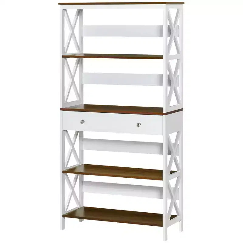 Étagère de Rangement Homcom à 4 Niveaux avec Tiroir Coulissant et Cadre en Bois avec Barre en X pour la Stabilité, Blanc