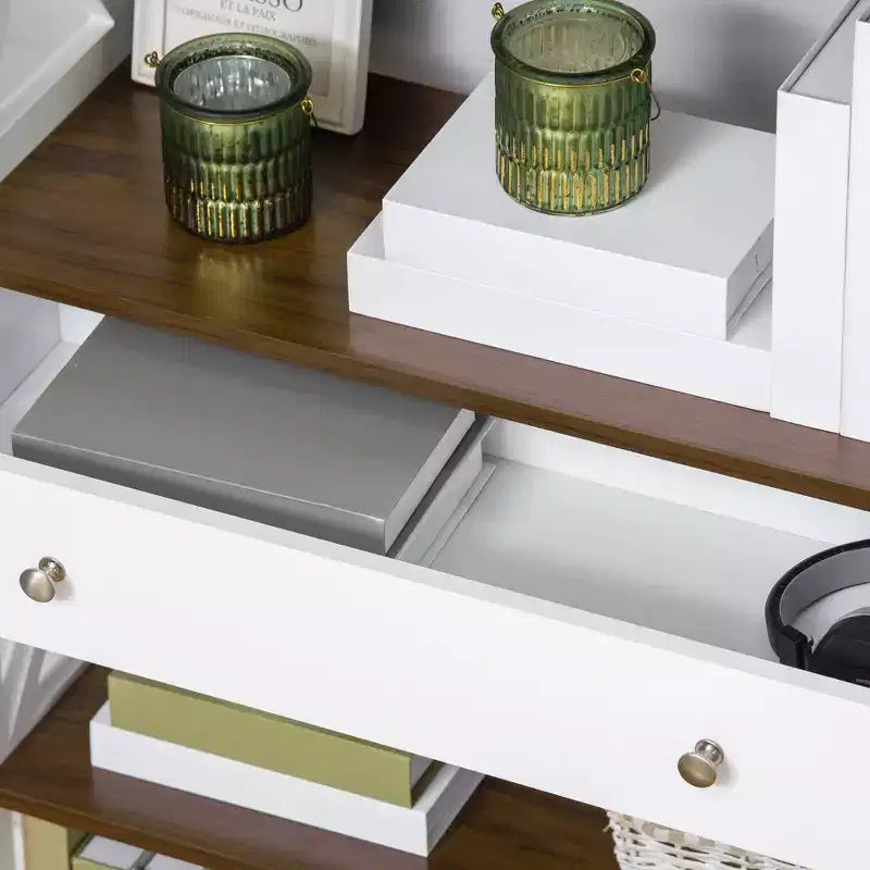 Étagère de Rangement Homcom à 4 Niveaux avec Tiroir Coulissant et Cadre en Bois avec Barre en X pour la Stabilité, Blanc