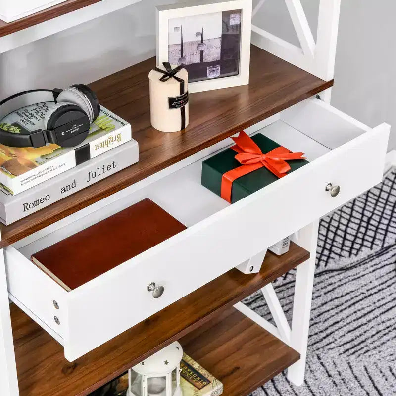 Étagère de Rangement Homcom à 4 Niveaux avec Tiroir Coulissant et Cadre en Bois avec Barre en X pour la Stabilité, Blanc
