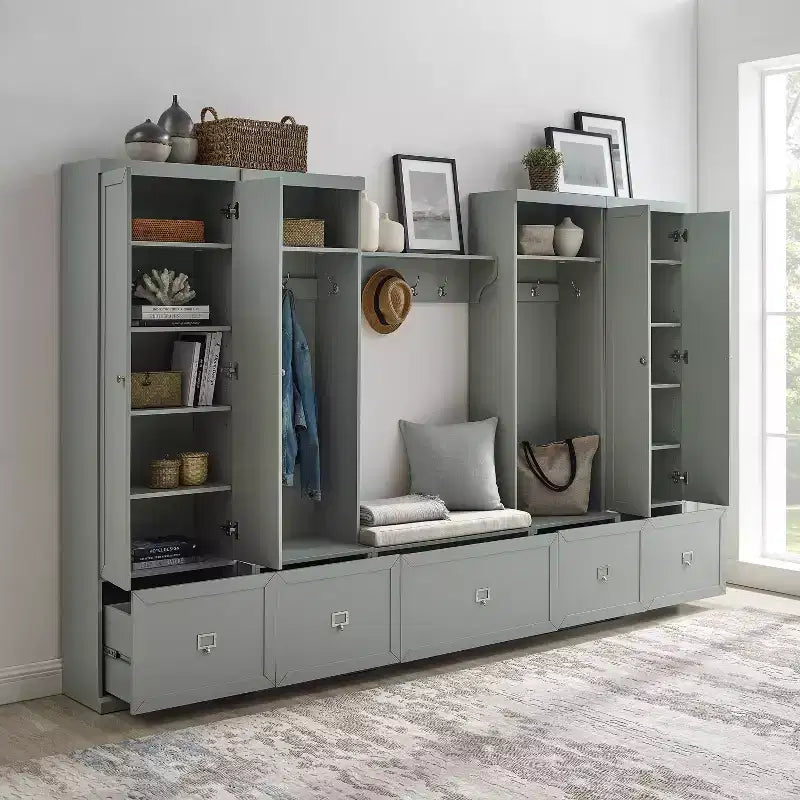 Ensemble 6 pièces Harper pour entrée avec banc, étagère, 2 armoires de rangement et 2 portemanteaux - Crosley