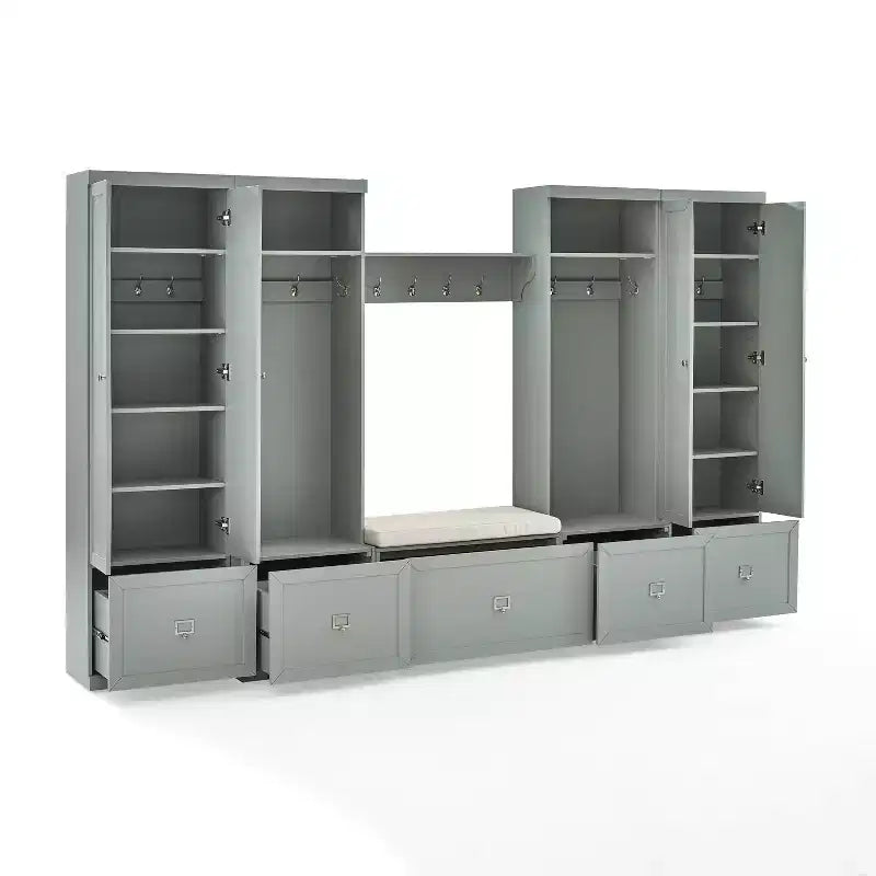 Ensemble 6 pièces Harper pour entrée avec banc, étagère, 2 armoires de rangement et 2 portemanteaux - Crosley