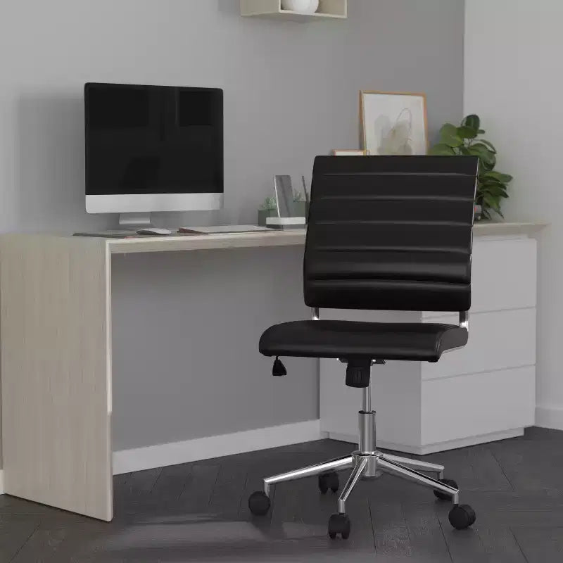 Chaise de bureau pivotante ergonomique Merrick Lane, dossier et assise côtelés, fauteuil de bureau sans accoudoirs à dossier mi-haut avec piètement en métal
