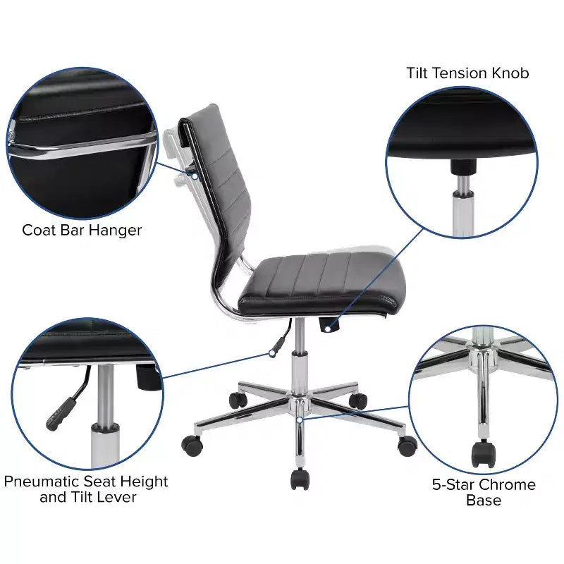 Chaise de bureau pivotante ergonomique Merrick Lane, dossier et assise côtelés, fauteuil de bureau sans accoudoirs à dossier mi-haut avec piètement en métal