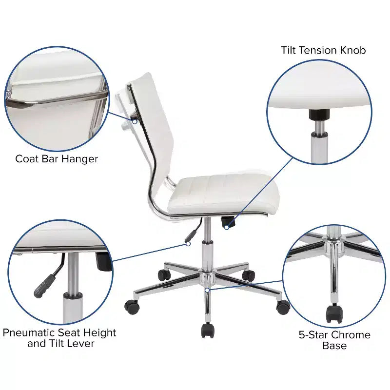 Chaise de bureau pivotante ergonomique Merrick Lane, dossier et assise côtelés, fauteuil de bureau sans accoudoirs à dossier mi-haut avec piètement en métal
