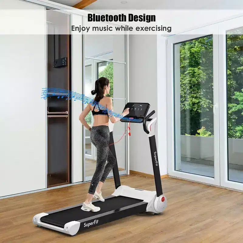 Tapis de course électrique pliable Costway 2,25 CV avec haut-parleur Blanc/Noir/Bleu