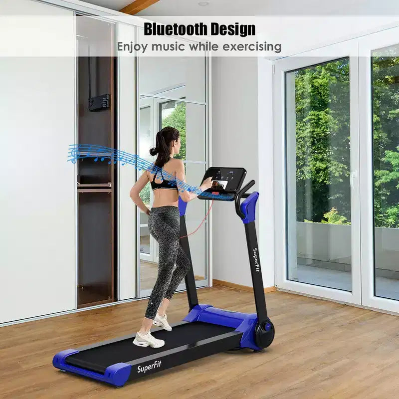 Tapis de course électrique pliable Costway 2,25 CV avec haut-parleur Blanc/Noir/Bleu