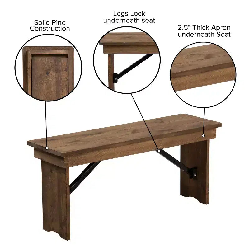 Banc de ferme pliant rustique en pin massif Emma et Oliver 40 x 12 - Banc portable