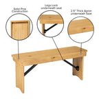 Banc de ferme pliant rustique en pin massif Emma et Oliver 40 x 12 - Banc portable