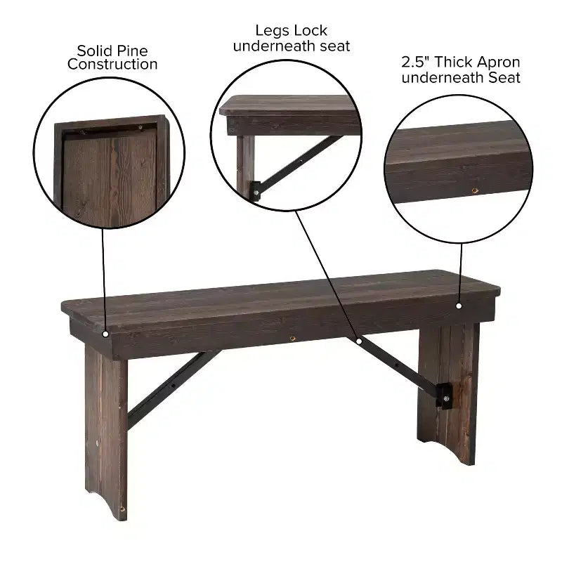 Banc de ferme pliant rustique en pin massif Emma et Oliver 40 x 12 - Banc portable