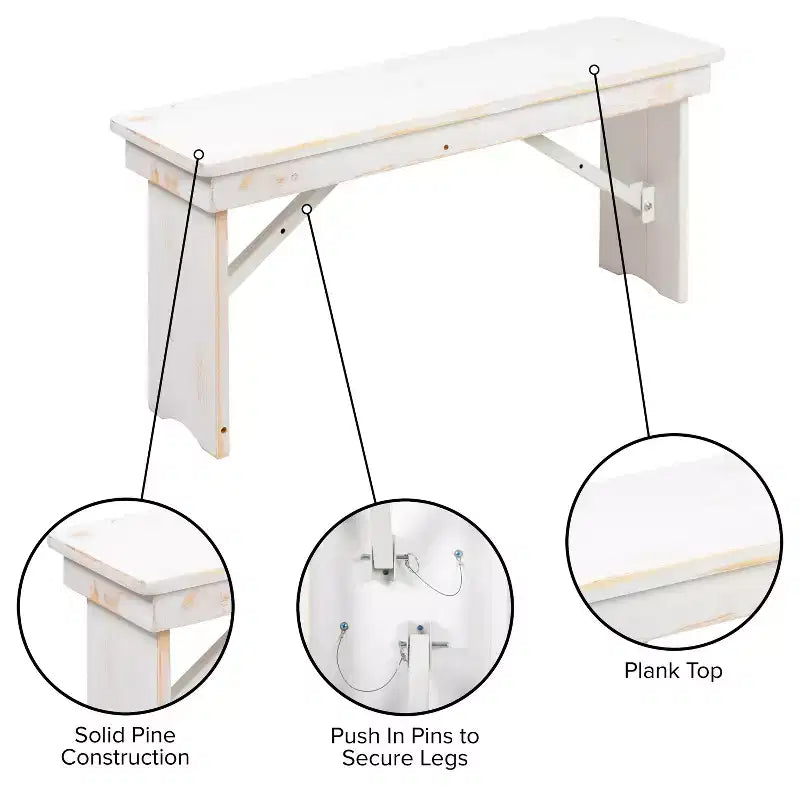 Banc de ferme pliant rustique en pin massif Emma et Oliver 40 x 12 - Banc portable