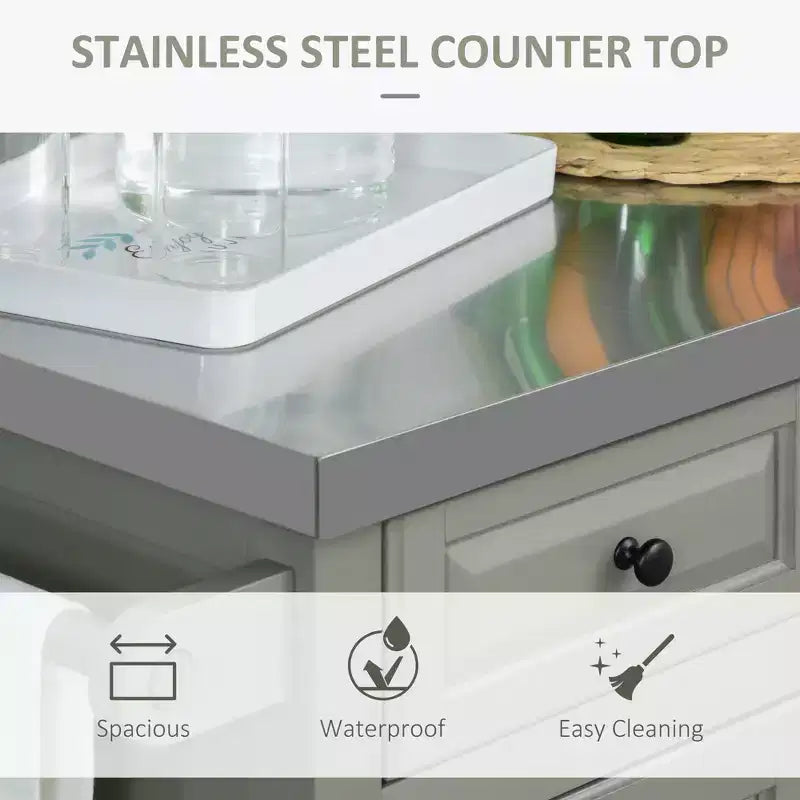 HOMCOM Desserte de cuisine roulante avec plateau en acier inoxydable, porte-épices et tiroirs, chariot de rangement portable multi-usage sur roulettes