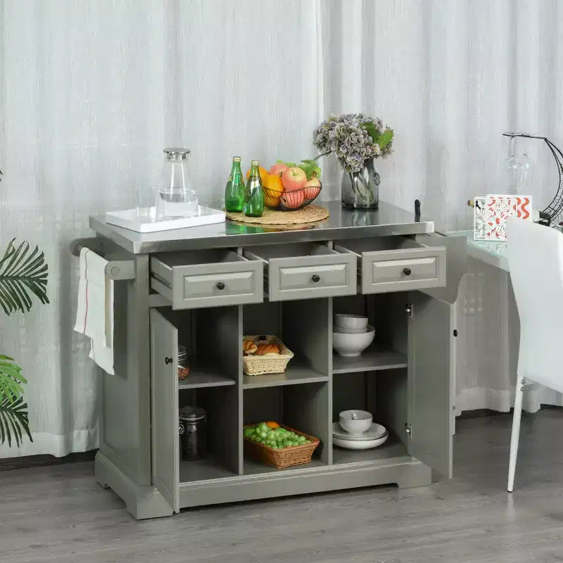 HOMCOM Desserte de cuisine roulante avec plateau en acier inoxydable, porte-épices et tiroirs, chariot de rangement portable multi-usage sur roulettes