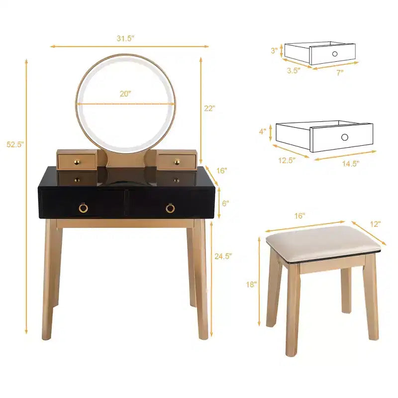 Coiffeuse de maquillage Costway avec écran tactile, 3 modes d'éclairage, ensemble de table de dressing Noir/Bleu marine/Blanc