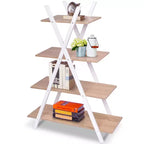Costway Étagère de Rangement à 4 Niveaux Bibliothèque Étagères Présentoir Échelle en X Marron/Noir