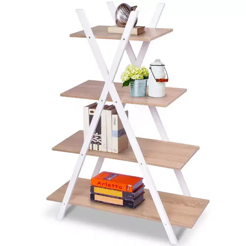 Costway Étagère de Rangement à 4 Niveaux Bibliothèque Étagères Présentoir Échelle en X Marron/Noir
