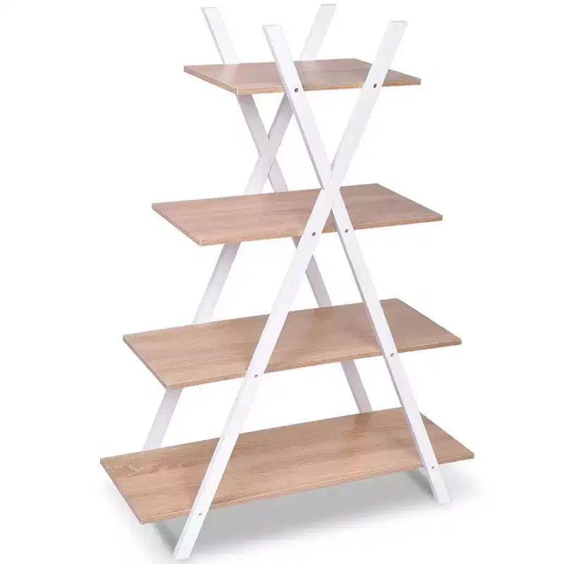 Costway Étagère de Rangement à 4 Niveaux Bibliothèque Étagères Présentoir Échelle en X Marron/Noir