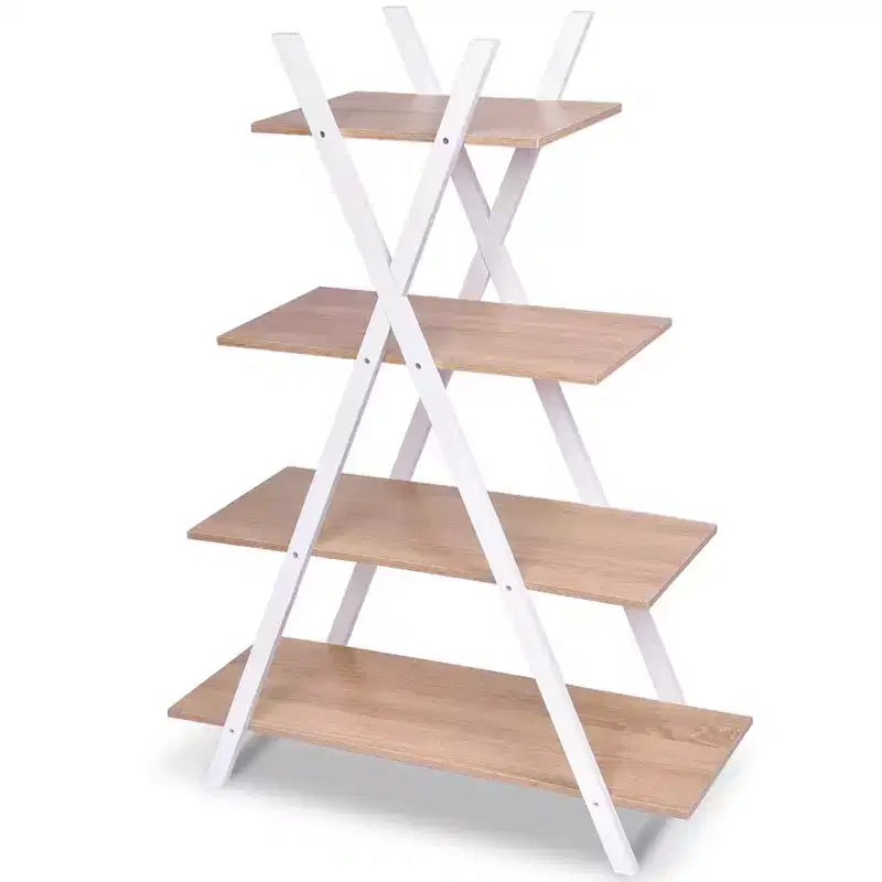 Costway Étagère de Rangement à 4 Niveaux Bibliothèque Étagères Présentoir Échelle en X Marron/Noir