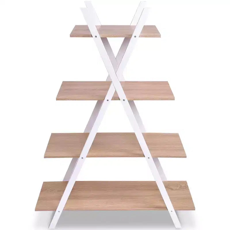 Costway Étagère de Rangement à 4 Niveaux Bibliothèque Étagères Présentoir Échelle en X Marron/Noir