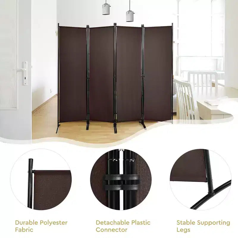 Séparateur de pièce pliant Costway 4 panneaux 1,7 m Écran d'intimité en tissu avec cadre en acier Blanc/Noir/Marron