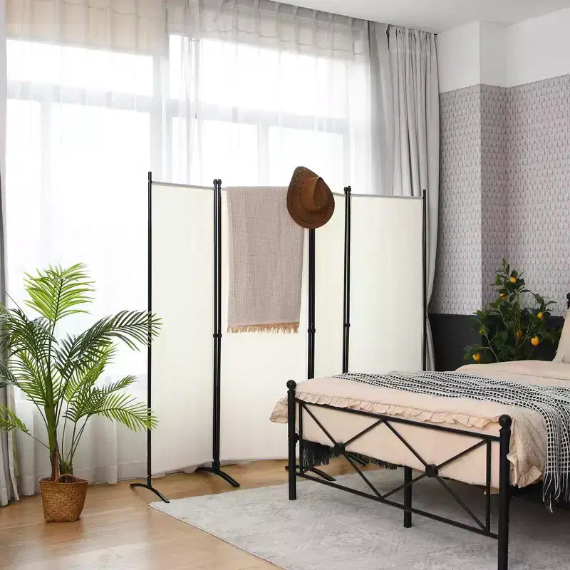 Séparateur de pièce pliant Costway 4 panneaux 1,7 m Écran d'intimité en tissu avec cadre en acier Blanc/Noir/Marron