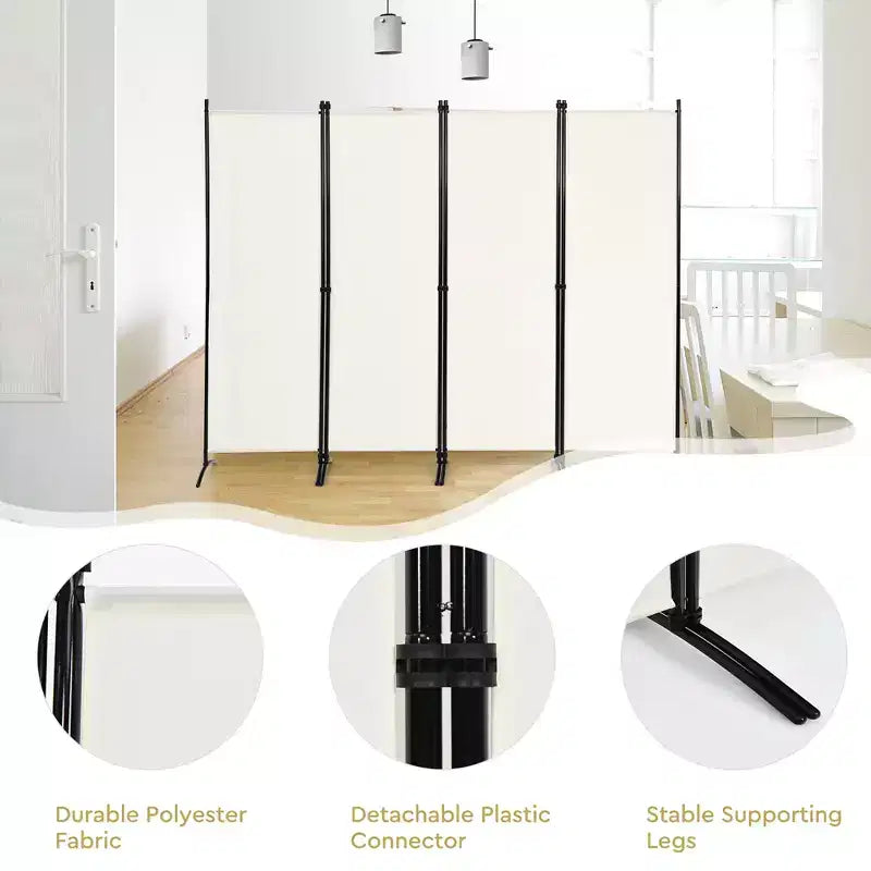 Séparateur de pièce pliant Costway 4 panneaux 1,7 m Écran d'intimité en tissu avec cadre en acier Blanc/Noir/Marron