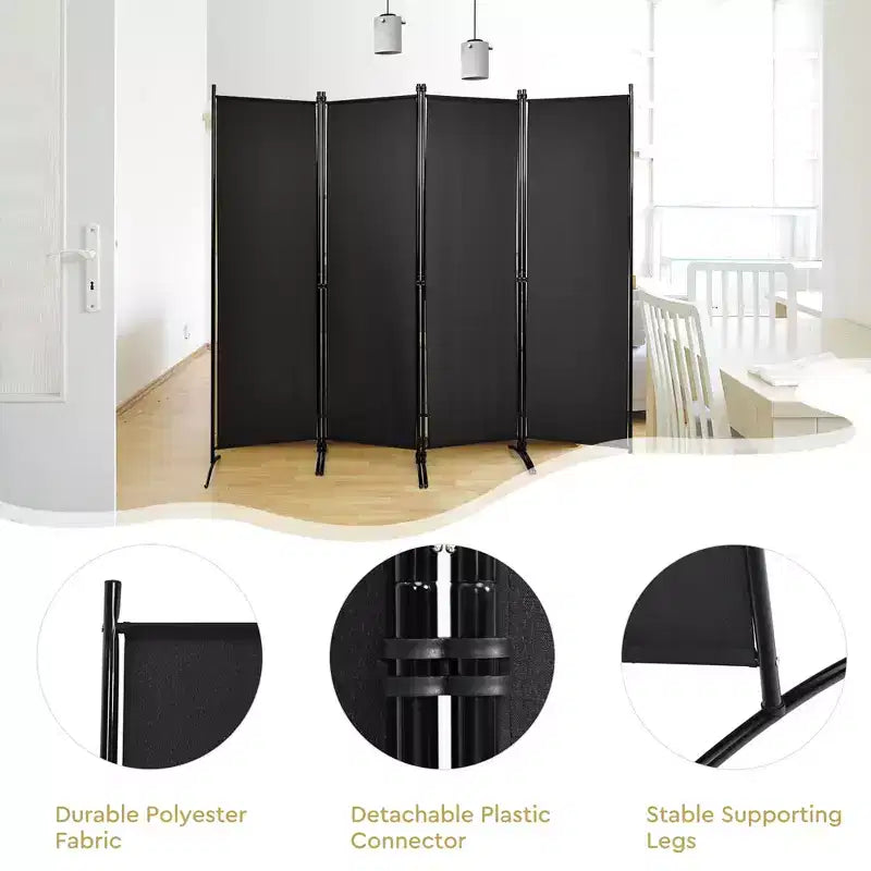 Séparateur de pièce pliant Costway 4 panneaux 1,7 m Écran d'intimité en tissu avec cadre en acier Blanc/Noir/Marron