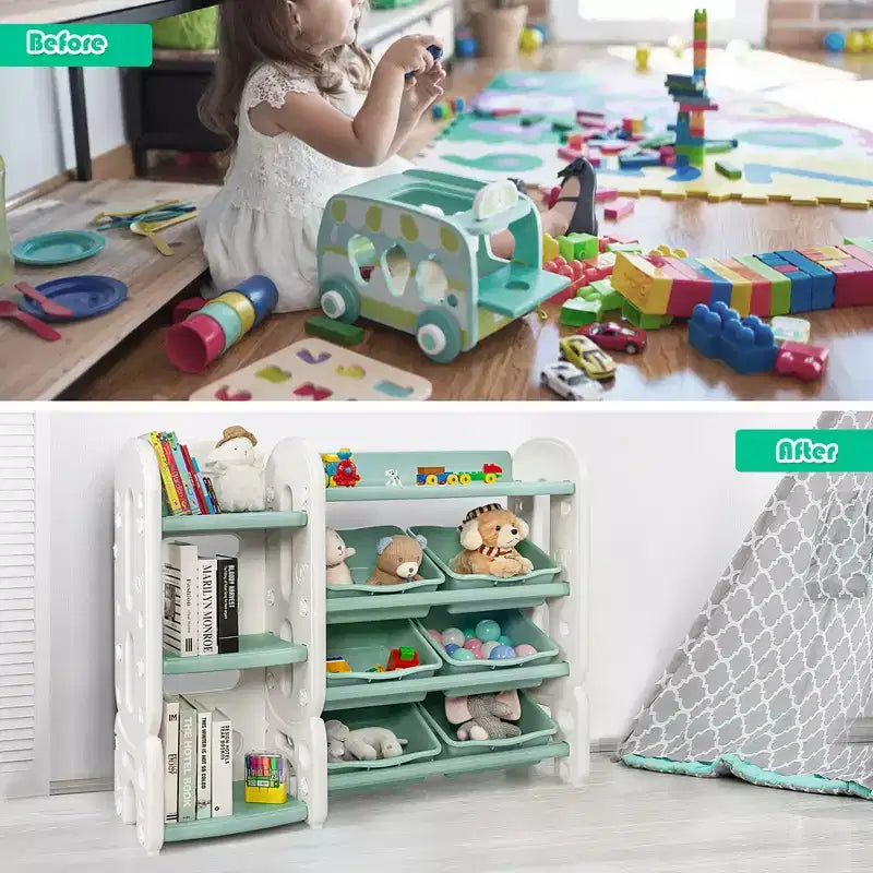 Meuble de Rangement pour Jouets d'Enfants Costway avec Bacs et Étagère Multi-Niveaux pour Chambre d'Enfant/Salle de Jeux Vert/Bleu