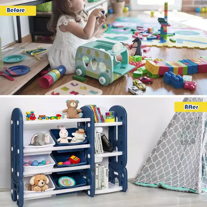 Meuble de Rangement pour Jouets d'Enfants Costway avec Bacs et Étagère Multi-Niveaux pour Chambre d'Enfant/Salle de Jeux Vert/Bleu