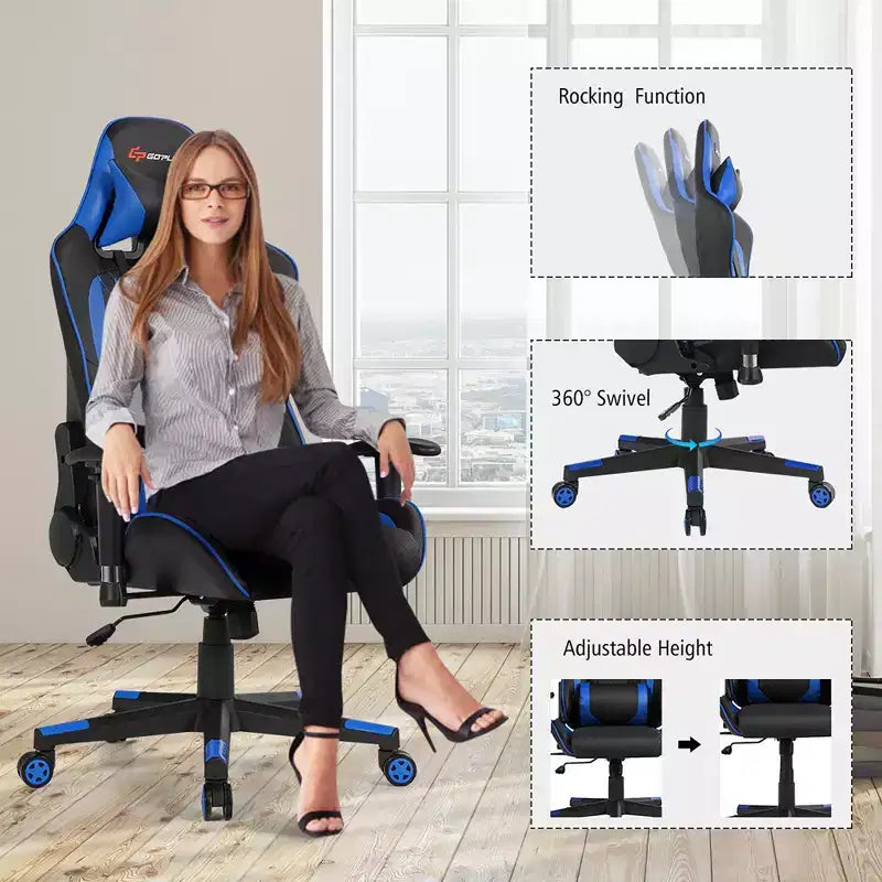 Fauteuil de massage gamer inclinable Costway avec support lombaire et appui-tête Blanc/Bleu/Rose/Rouge