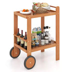 Costway 2-Tier Acacia Rolling Kitchen Trolley Cart Dining Serving Cart Outdoor w/ Wheels