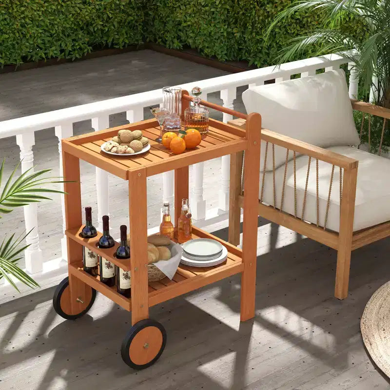 Costway Chariot de cuisine roulant à 2 niveaux en acacia, desserte de salle à manger d'extérieur avec roues