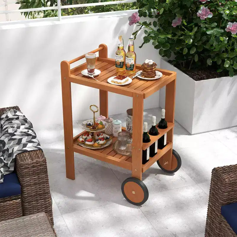 Costway Chariot de cuisine roulant à 2 niveaux en acacia, desserte de salle à manger d'extérieur avec roues