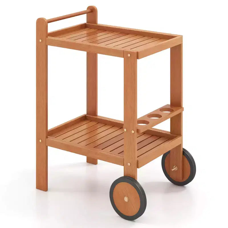 Costway Chariot de cuisine roulant à 2 niveaux en acacia, desserte de salle à manger d'extérieur avec roues