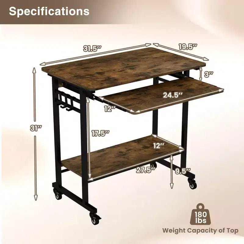 Bureau d'ordinateur Costway, chariot à roulettes pour ordinateur portable, poste de travail avec tiroir coulissant pour clavier