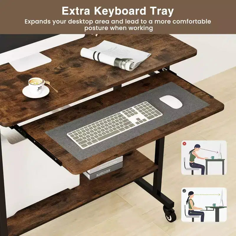 Bureau d'ordinateur Costway, chariot à roulettes pour ordinateur portable, poste de travail avec tiroir coulissant pour clavier