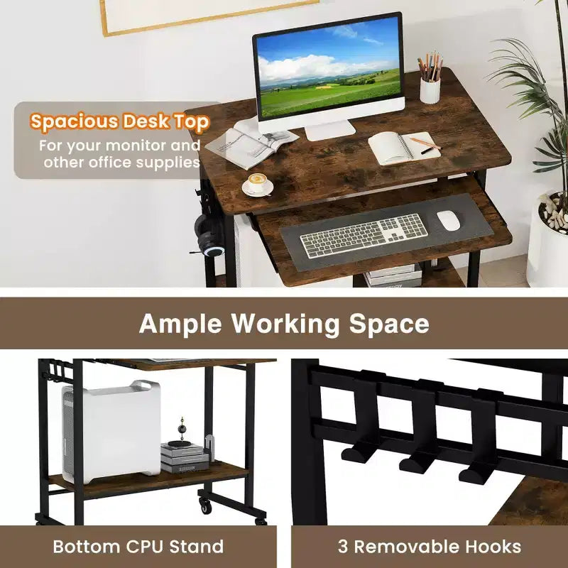 Bureau d'ordinateur Costway, chariot à roulettes pour ordinateur portable, poste de travail avec tiroir coulissant pour clavier