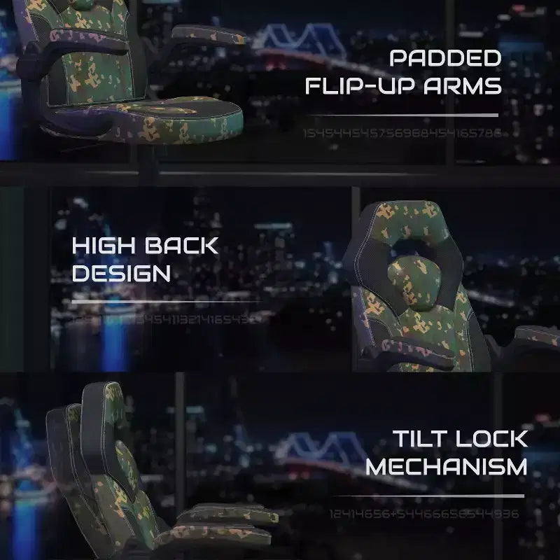 BlackArc High Back Gaming Chair with Faux Leather Upholstery, Height Adjustable Swivel Seat & Padded Flip-Up Arms