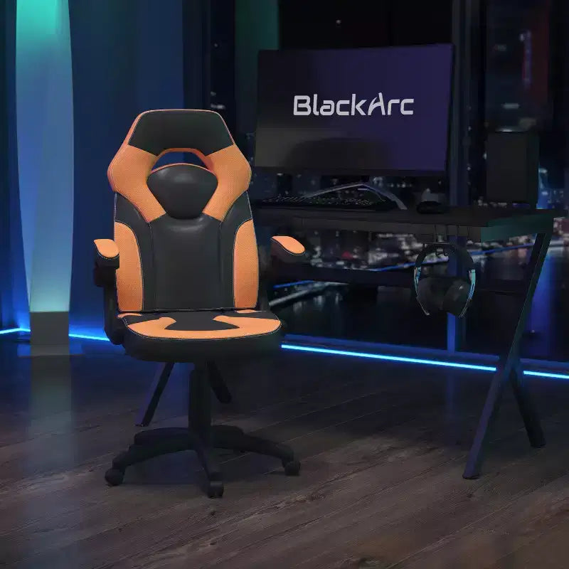 BlackArc High Back Gaming Chair with Faux Leather Upholstery, Height Adjustable Swivel Seat & Padded Flip-Up Arms