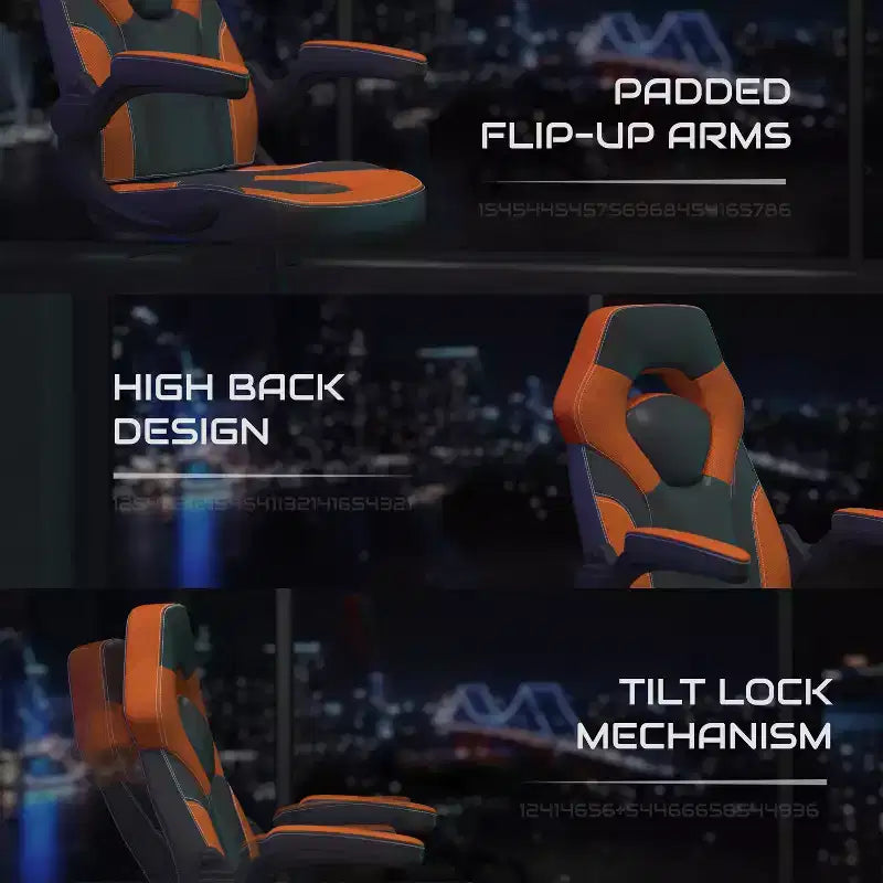 BlackArc High Back Gaming Chair with Faux Leather Upholstery, Height Adjustable Swivel Seat & Padded Flip-Up Arms