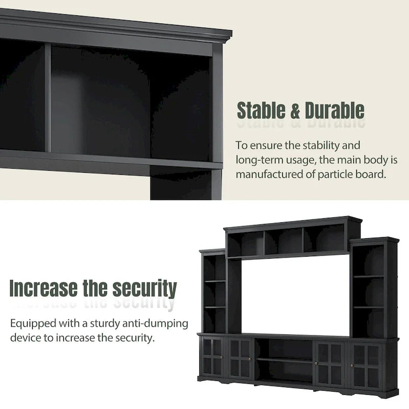 Entertainment Wall Unit with Bridge, Tempered Glass Doors for TVs Up to 70