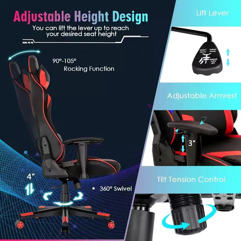 Costway Gaming Chair Adjustable Swivel Computer Chair w/ Dynamic LED Lights