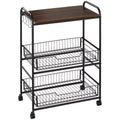HOMCOM 24 3-Tier Rolling Kitchen Cart, Utility Storage Trolley with 2 Basket Drawers, Side Hooks for Dining Room, Walnut Wood Tone