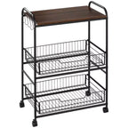 HOMCOM 24 3-Tier Rolling Kitchen Cart, Utility Storage Trolley with 2 Basket Drawers, Side Hooks for Dining Room, Walnut Wood Tone