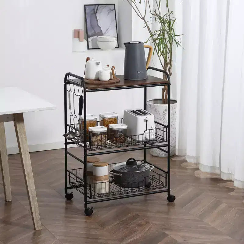 HOMCOM Chariot de cuisine roulant à 3 niveaux de 24 po, chariot de rangement utilitaire avec 2 tiroirs-paniers, crochets latéraux pour salle à manger, ton bois de noyer