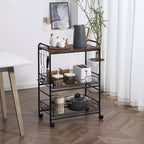 HOMCOM Chariot de cuisine roulant à 3 niveaux de 24 po, chariot de rangement utilitaire avec 2 tiroirs-paniers, crochets latéraux pour salle à manger, ton bois de noyer