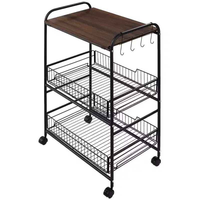 HOMCOM Chariot de cuisine roulant à 3 niveaux de 24 po, chariot de rangement utilitaire avec 2 tiroirs-paniers, crochets latéraux pour salle à manger, ton bois de noyer