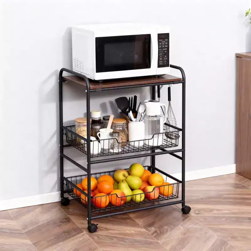 HOMCOM Chariot de cuisine roulant à 3 niveaux de 24 po, chariot de rangement utilitaire avec 2 tiroirs-paniers, crochets latéraux pour salle à manger, ton bois de noyer