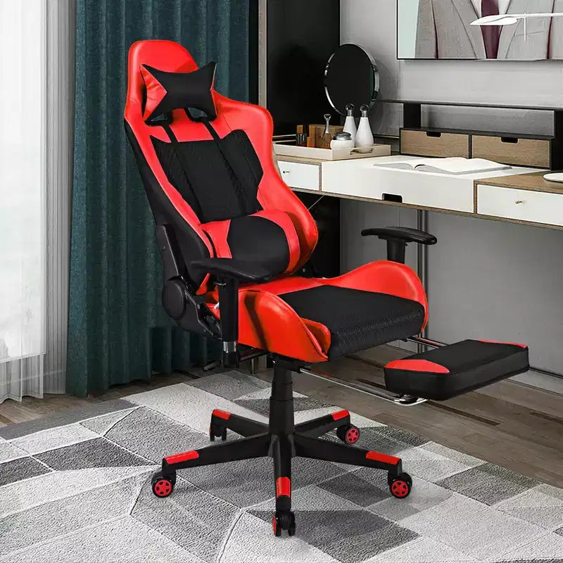 Chaise de massage gaming Costway inclinable avec support lombaire massant et repose-pieds