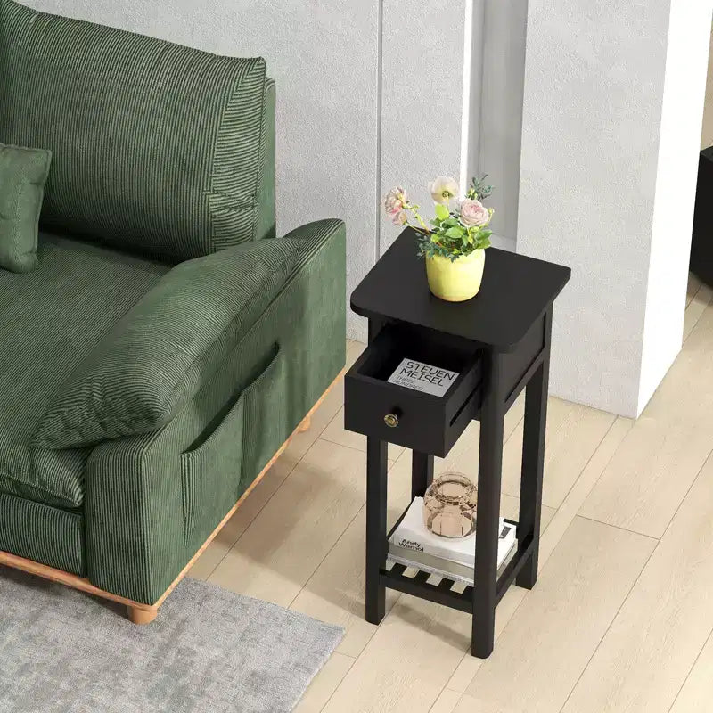 Costway 2PCS Solid Wood Side Table Telephone Table with Drawer & Open Shelf for Living Room